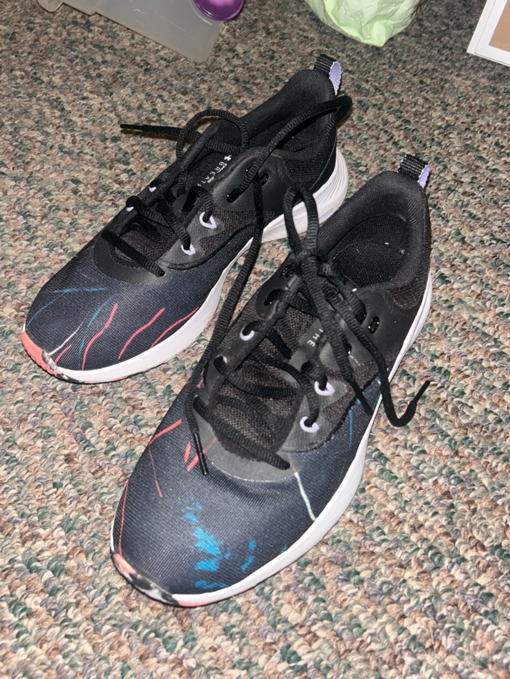 Under Armor Black Athletic Sneakers with Multicolor Paint-Splatter Accent